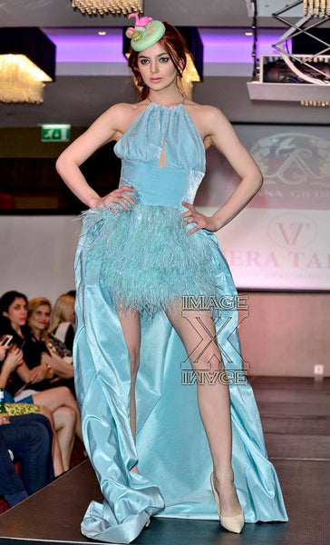 Silk Velour with ostrich gown with taffeta tail STYLE 110