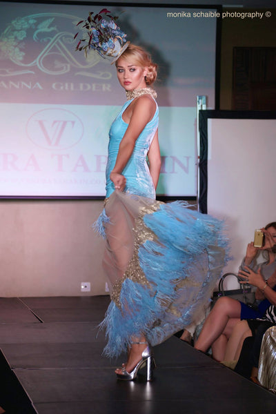 Luxury velour gown with golden lace and ostrich feathers STYLE 105