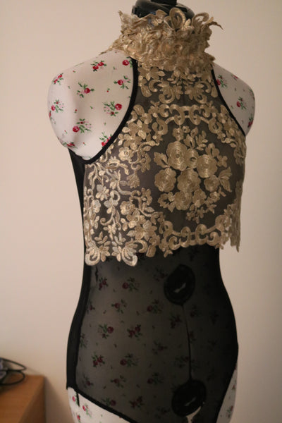 Mesh black Body top with Golden Lace and skirt